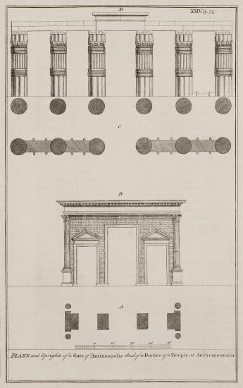 Όψη και κάτοψη κιονοστοιχίας από ναό στην Ερμούπολη τη Μεγάλη της Αιγύπτου, κοντά στο σημερινό Ελ Ασμουνέιν. Όψη και κάτοψη πύλης στην Αντινοόπολη.
