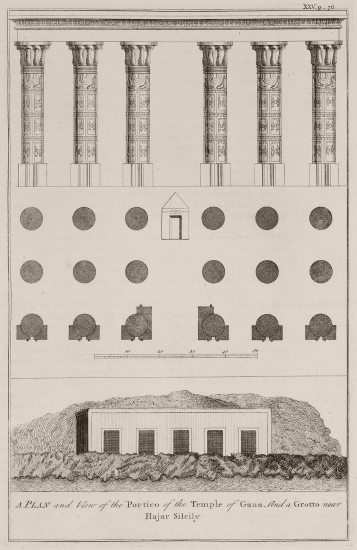 Όψη και κάτοψη της κιονοστοιχίας του ναού που έχτισε ο Πτολεμαίος Δ΄ ο Φιλοπάτωρ στην Ανταιόπολη (Κάου ελ-Κεμπίρ). Σπήλαιο στην τοποθεσία Γκεμπέλ ελ- Σιλσιλά.