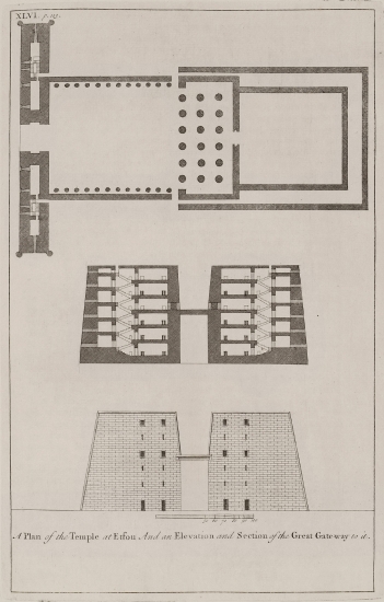 Κάτοψη του ναού του Έντφου. Όψη και τομή του μεγάλου πυλώνα του ναού.