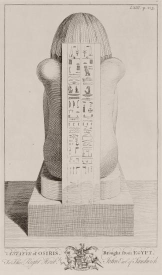Όψη αγάλματος του Όσιρι το οποίο ο Ρίτσαρντ Πόκοκ αγόρασε στο Κάιρο και έφερε στη Βρετανία.
