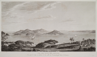 Άποψη των Πριγκηποννήσων από τον Καρταλιμένα (σήμερα Καρτάλ), παραθαλάσσιο χωριό κοντά στη Χαλκηδόνα (Καντί Κιόι). Οθωμανοί απολαμβάνουν το γεύμα τους με τη συνοδεία μουσικής. Στο βάθος διακρίνεται η Κωνσταντινούπολη.