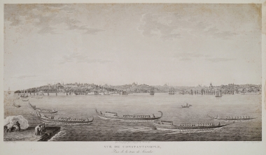 Άποψη της Κωνσταντινούπολης από τον πύργο του Λεάνδρου, κοντά στη Χαλκηδόνα, το σημερινό Καντί Κιόι. Στο πρώτο επίπεδο αυτοκρατορικές λέμβοι αναχωρούν από το Ανάκτορο Τοπ Καπί. Στη μία διακρίνεται ο Σουλτάνος, ενώ στην άλλη Οθωμανοί Πρίγκιπες.