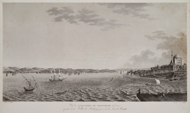 Άποψη του Βοσπόρου και της Χρυσόπολης, το σημερινό Σκούταρι, από τον Πύργο του Λεάνδρου. Στα δεξιά διακρίνεται το τέμενος της Σουλτάνας Μιχριμάχ.