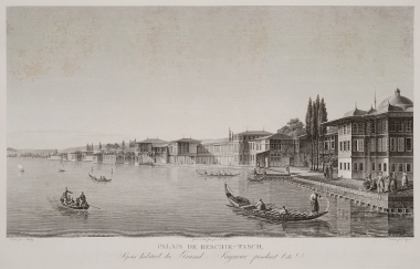 Άποψη του θερινού παλατιού του Σουλτάνου στο Διπλοκιόνιο, σήμερα Μπεσίκτας, στη θέση του οποίου οικοδομήθηκε, τον 19ο αιώνα, το ανάκτορο Ντολμά Μπαχτσέ.