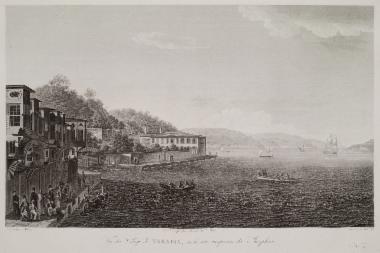 Οθωμανικές οικίες στα Θεραπειά στην δυτική ακτή του Βοσπόρου. Στην προβλήτα, Οθωμανοί περιμένουν σκάφη για να περάσουν στην απέναντι ακτή.