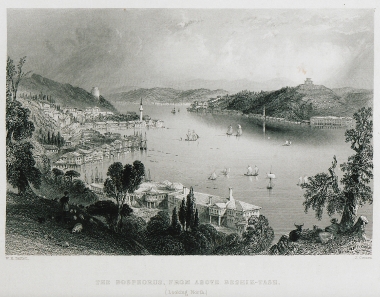 Πανοραμική άποψη του Βοσπόρου από το Διπλοκιόνιο (σήμερα Μπεσίκτας). Στο βάθος διακρίνονται τα Κάστρα της Ευρώπης και της Ασίας.