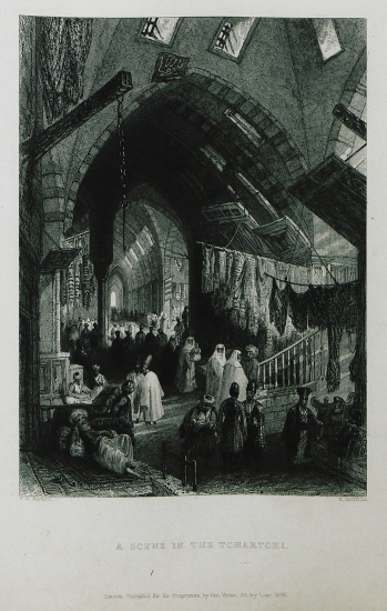 Στιγμιότυπο στη σκεπαστή αγορά της Κωνσταντινούπολης, πιθανότατα κάπου στο τμήμα ενδυμάτων και εμπορίας μεταξιού.