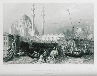 Άποψη του τεμένους της Βαλιντέ Σουλτάν ή Γενί Τζαμί από το λιμάνι του Εμίνενου. Στο βάθος διακρίνεται το τέμενος του Σουλεϊμάν Α΄.