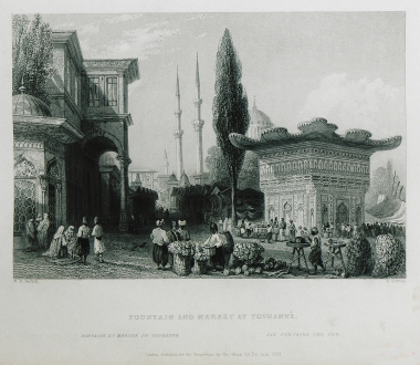 Άποψη της πλατείας του Τοπχανέ και της κρήνης του Σουλτάνου Μαχμούντ Α΄. Στο βάθος διακρίνεται το τέμενος Νουσρετίγιε.