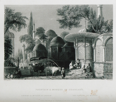 Άποψη του τεμένους Σεχζαντέ ή Σεχζαντέ Μεχμέτ, στην περιοχή του Φάτιχ. Διακρίνονται τα μαυσωλεία του Πρίγκιπα Μεχμέτ και άλλων επιφανών Οθωμανών καθώς και μία οθωμανική κρήνη.
