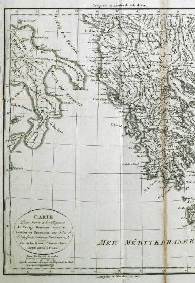 Χάρτης τμήματος της Ν.Α. Ευρώπης και μέρους της Ν. Ιταλίας που συνοδεύει την έκδοση του Α. Γκρασέ ντε Σεν-Σοβέρ (Α. Grasset de Saint-Sauveur) για την καλύτερη κατανόηση του ταξιδιού του.