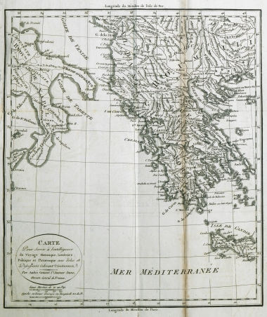 Χάρτης τμήματος της Ν.Α. Ευρώπης και μέρους της Ν. Ιταλίας που συνοδεύει την έκδοση του Α. Γκρασέ ντε Σεν-Σοβέρ (Α. Grasset de Saint-Sauveur) για την καλύτερη κατανόηση του ταξιδιού του.