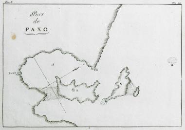 Χάρτης του λιμανιού των Παξών, της νησίδας Άγιος Νικόλαος και της νήσου Παναγιάς.