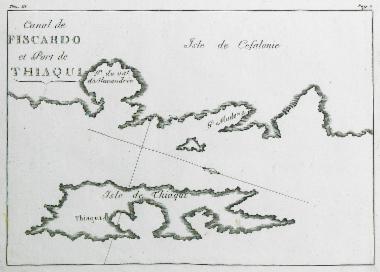 Χάρτης της Ιθάκης και του στενού της Ιθάκης με την ακτή της Κεφαλονιάς και τη βραχονησίδα Δασκαλιό, ίσως η ομηρική Αστερίς.