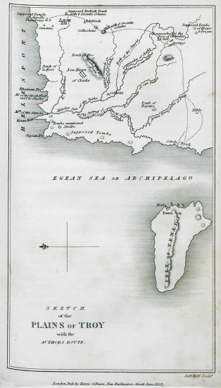 Χάρτης της Τρωάδας όπου σημειώνεται το ταξίδι του συγγραφέα.