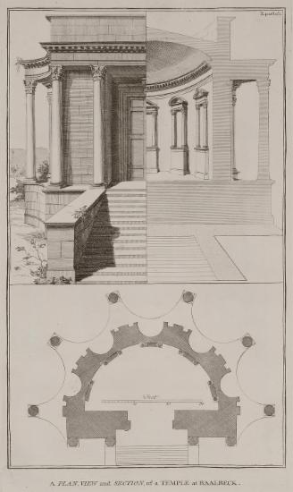 Άποψη, τομή και κάτοψη του ναού της Αφροδίτης στο Μπάαλμπεκ.