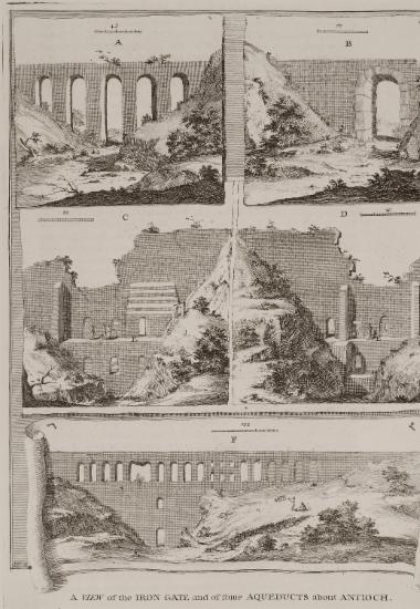 Απόψεις υδραγωγείων στην Αντιόχεια επί Ορόντου (A, B, F). Απόψεις της Σιδηράς Πύλης από τα τείχη της Αντιόχειας (C,D).