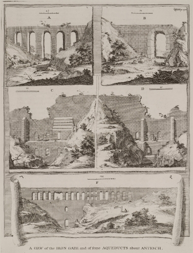 Απόψεις υδραγωγείων στην Αντιόχεια επί Ορόντου (A, B, F). Απόψεις της Σιδηράς Πύλης από τα τείχη της Αντιόχειας (C,D).