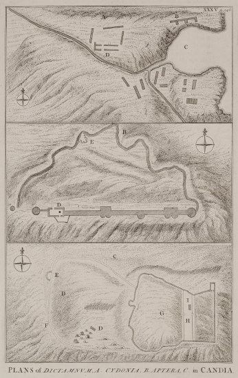 Χάρτης των αρχαιολογικών χώρων στα Δίκτυννα, τα Άπτερα και την Κυδωνία, τα σημερινά Χανιά.