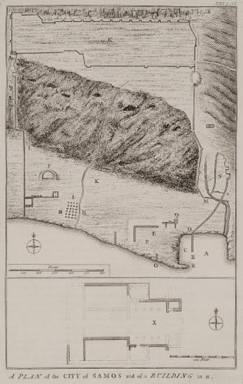 Χάρτης του Πυθαγορείου στη Σάμο. Κάτοψη της εκκλησίας του Αγίου Νικολάου η οποία βρίσκεται στη θέση Q του χάρτη.