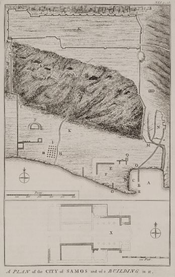 Χάρτης του Πυθαγορείου στη Σάμο. Κάτοψη της εκκλησίας του Αγίου Νικολάου η οποία βρίσκεται στη θέση Q του χάρτη.