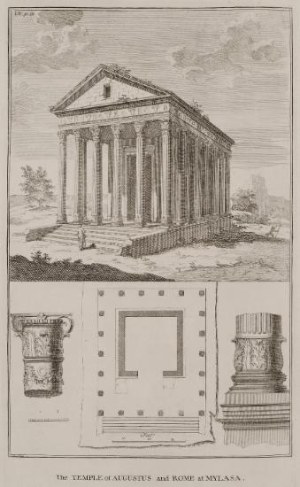 Άποψη και κάτοψη του ναού του Αυγούστου στα Μύλασα. Κρηπίδα, στυλοβάτης, βάση και κιονόκρανο κίονα του ναού.