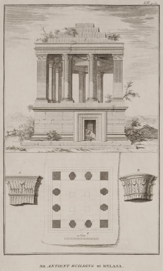 Ρωμαϊκός μνημειακός τάφος από τα Μύλασα, γνωστός σήμερα ως Γκιμίς Κεσέν. Κιονόκρανα από το μνημείο (Α, Β). Κάτοψη του μνημείου (C).