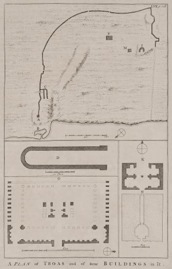Χάρτης της Αλεξάνδρειας Τρωάδας. Κάτοψη του Ιπποδρόμου (D). Κάτοψη των ερειπίων στο συγκρότημα του Γυμανσίου και των Λουτρών (G). Κάτοψη αρχαίου κτιρίου, γνωστού έως και σήμερα ως Genç Kızlar Sarayı (Ανάκτορο των Κοριτσιών.) (K,H).