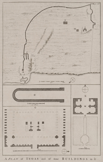 Χάρτης της Αλεξάνδρειας Τρωάδας. Κάτοψη του Ιπποδρόμου (D). Κάτοψη των ερειπίων στο συγκρότημα του Γυμανσίου και των Λουτρών (G). Κάτοψη αρχαίου κτιρίου, γνωστού έως και σήμερα ως Genç Kızlar Sarayı (Ανάκτορο των Κοριτσιών.) (K,H).