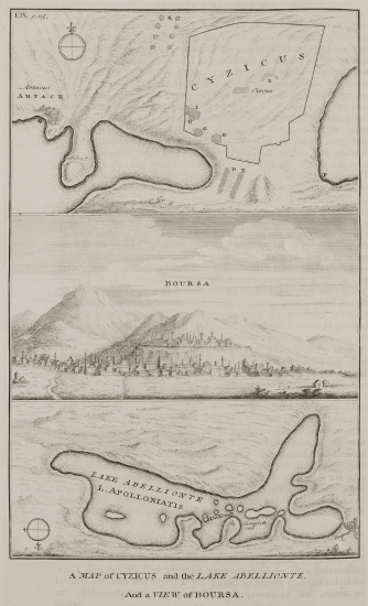 Χάρτης των ερειπίων της Κυζίκου. Άποψη της Προύσας. Χάρτης της λίμνης Απολλωνιάτιδος, σημερινό Ουλού-Αμπάτ (Uluabat Gölü).