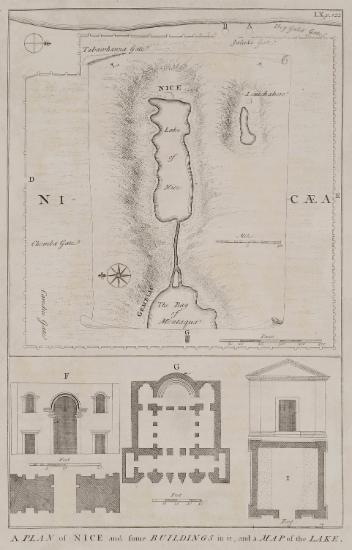 Χάρτης των τειχών της Νίκαιας της Βιθυνίας και χάρτης της λίμνης της Νίκαιας. Κάτοψη ορθόδοξης εκκλησίας στη Νίκαια (G), πιθανώς της Αγίας Σοφίας. Πρόσοψη και κάτοψη ταφικού μνημείου από τα περίχωρα της Νίκαιας (Ι).