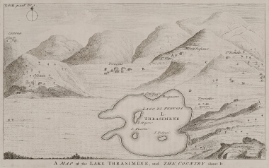 Χάρτης της λίμνης Τρασιμένης (ή λίμνης της Περούτζια) στην Ιταλία, με τη γύρω περιοχή.