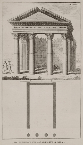 Άποψη και κάτοψη του ναού της Ρώμης και του Αυγούστου στην Πούλα της Κροατίας.