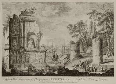 Σύνθεση: Το Μνημείο του Φιλοπάππου και σκηνή ανασκαφών στον Θορικό, αρχαίος οικισμός στην κορυφή του λόφου Βελατούρι, κοντά στο Λαύριο.