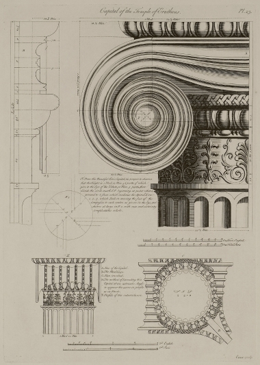 Ερέχθειο: A. Όψη κιονοκράνου ιωνικού ρυθμού. Β. Καθ' ύψος τομή του κιονοκράνου. C, D. Άνοψη γωνιακού ιωνικού κίονα. E. Πλάγια όψη ιωνικού κιονοκράνου. F. Σχέδιο με τις θέσεις του διαβήτη για τη χάραξη της έλικας στο ιωνικό κιονόκρανο.