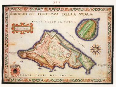 Χάρτης της νησίδας και του φρουρίου της Σούδας, και της γειτονικής νησίδας Λέων.
