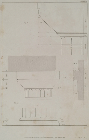 Ναός της Αθηνάς στις Συρακούσες (σήμερα τμήμα του Καθεδρικού ναού): Εικ. 1. Σχέδιο στυλοβάτη, βάσης κίονα, κίονα, κιονοκράνου και επιστυλίου του εξωτερικού περιστύλιου. Εικ. 2. Σχέδιο του εχίνου, του τραχήλου και του διάκοσμου κίονα. Εικ. 3. Καθ'ύψος τομή του θριγκού στη γωνία.