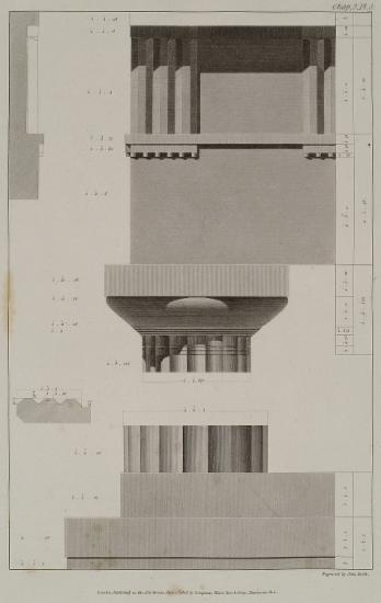 Ναός της Ήρας στον Ακράγαντα της Σικελίας: Όψη κρηπίδας, στυλοβάτη, κίονα, κιονοκράνου και του τμήματος του θριγκού στη γωνία του εξωτερικού περιστυλίου. Καθ' ύψος τομή τριγλύφου στη γωνία. Κάτοψη τριγλύφου.