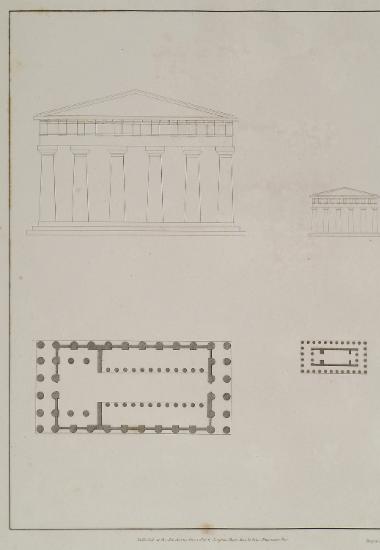 Κάτοψη και αναπαράσταση της πρόσοψης του Ναού του Ολυμπίου Διός ή Ολύμπιον στον Ακράγαντα της Σικελίας. Ο συγγραφέας αντιπαραθέτει επίσης τον ναό με τον Ναό της Ομόνοιας.