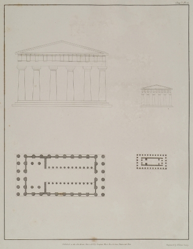 Κάτοψη και αναπαράσταση της πρόσοψης του Ναού του Ολυμπίου Διός ή Ολύμπιον στον Ακράγαντα της Σικελίας. Ο συγγραφέας αντιπαραθέτει επίσης τον ναό με τον Ναό της Ομόνοιας.