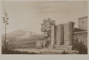 Άποψη των ερειπίων του Ναού του Ασκληπιού στον Ακράγαντα της Σικελίας. Στο βάθος διακρίνεται ο Ναός της Ομόνοιας.