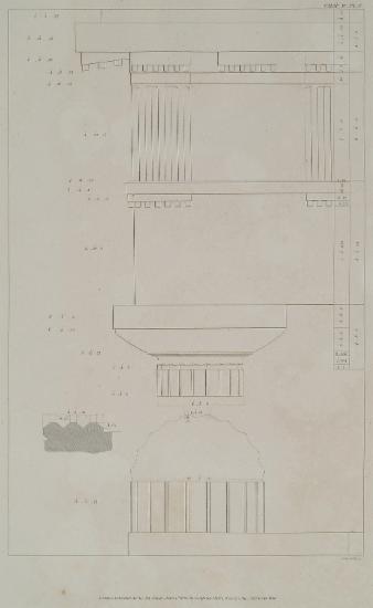 Ναός G, πιθανότατα αφιερωμένου στον Δία, στο Σελινούντα της Σικελίας: Σχέδιο κρηπίδας, κίονα, κιονόκρανου και θριγκού στη γωνία. Στα δεξιά, κάτοψη τριγλύφου.