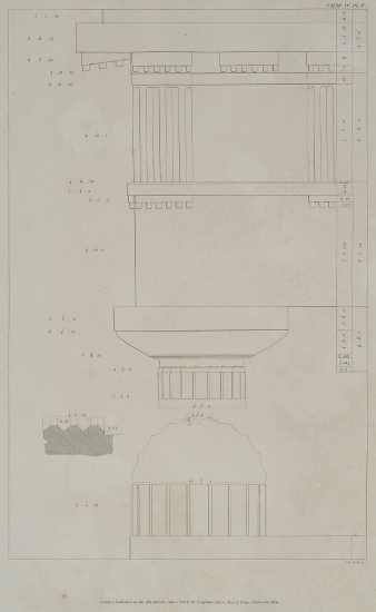 Ναός G, πιθανότατα αφιερωμένου στον Δία, στο Σελινούντα της Σικελίας: Σχέδιο κρηπίδας, κίονα, κιονόκρανου και θριγκού στη γωνία. Στα δεξιά, κάτοψη τριγλύφου.