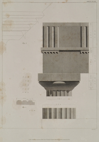 Ο Ναός E, αφιερωμένος στην Ήρα, στον Σελινούντα της Σικελίας: Σχέδιο στυλοβάτη, και όψη κίονα, κιονοκράνου, και τμήματος του θριγκού στη γωνία. Εικ. 1. Σχέδιο του τραχηλίου του εχίνου. Εικ. 2. Κάτοψη τριγλύφου.