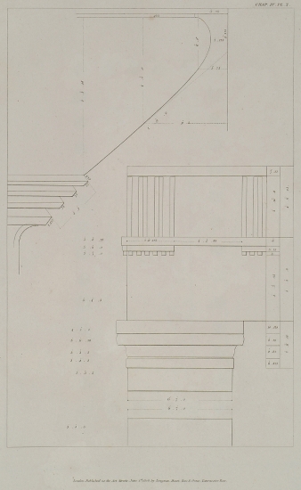 Σχέδια οπισθόδομου του Ναού E, αφιερωμένου στην Ήρα, στον Σελινούντα της Σικελίας: Κιονόκρανο, με λεπτομέρειες του εχίνου και του τραχηλίου του. Σχέδιο παραστάδας και τμήματος του θριγκού στη γωνία.