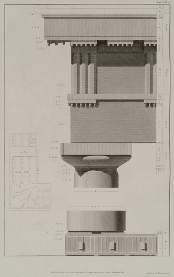 Δωρικός Ναός στην Έγεστα της Σικελίας: Όψη στυλοβάτη με λεπτομέρειες αγκώνων, κίονα, κιονάκρανου και τμήματος του θριγκού στη γωνία. Στα δεξιά σχέδιο των σταγόνων.