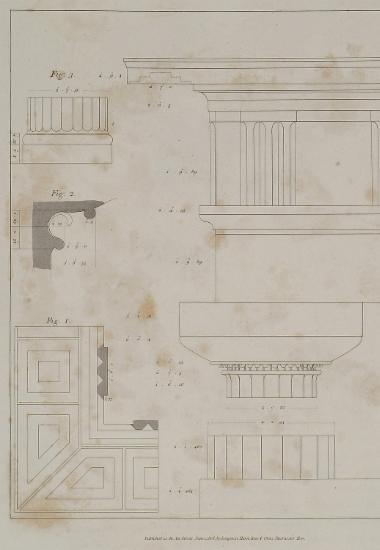 Ναός της Αθηνάς στην Ποσειδωνία της Καμοανίας: Σχέδιο κρηπίδας, κίονα, κιονοκράνου και τμήματος του θριγκού στη γωνία. Εικ. 1. Λεπτομέρειες των φατνομάτων της ταινίας. Εικ. 2. Καθ'υψος τομή του τραχήλου στη βάση του εχίνου. Εικ. 3. Σχέδιο στυλοβάτη και βάσης κίονα του πρόναου.