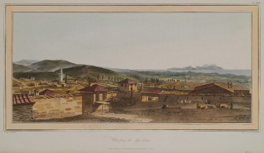 Άποψη του Μπουνάρ Mπασί, χωριό που ταυτίζονταν λαθεμένα με την Τροία. Στο πρώτο επίπεδο διακρίνεται ο περίβολος της οικίας του Αγά του χωριού, ο οποίος φιλοξένησε τον συγγραφέα.
