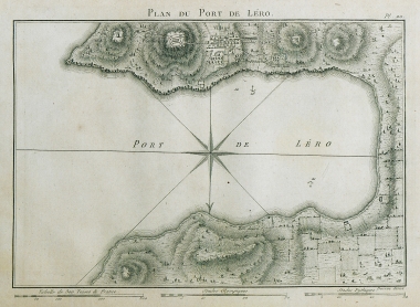 Χάρτης του λιμανιού της Λέρου με το φρούριο και τον οικισμό της Αγίας Μαρίνας.