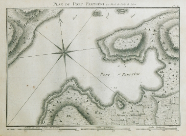 Χάρτης του λιμένα του Παρθενιού στη Λέρο, με τμήμα της νησίδας Αρχάγγελος.